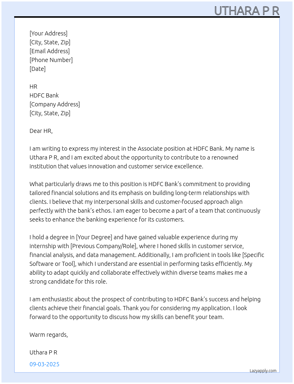 Associate At HDFC Bank Cover Letter