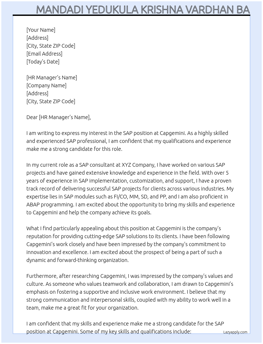 SAP At Capgemini  Cover Letter