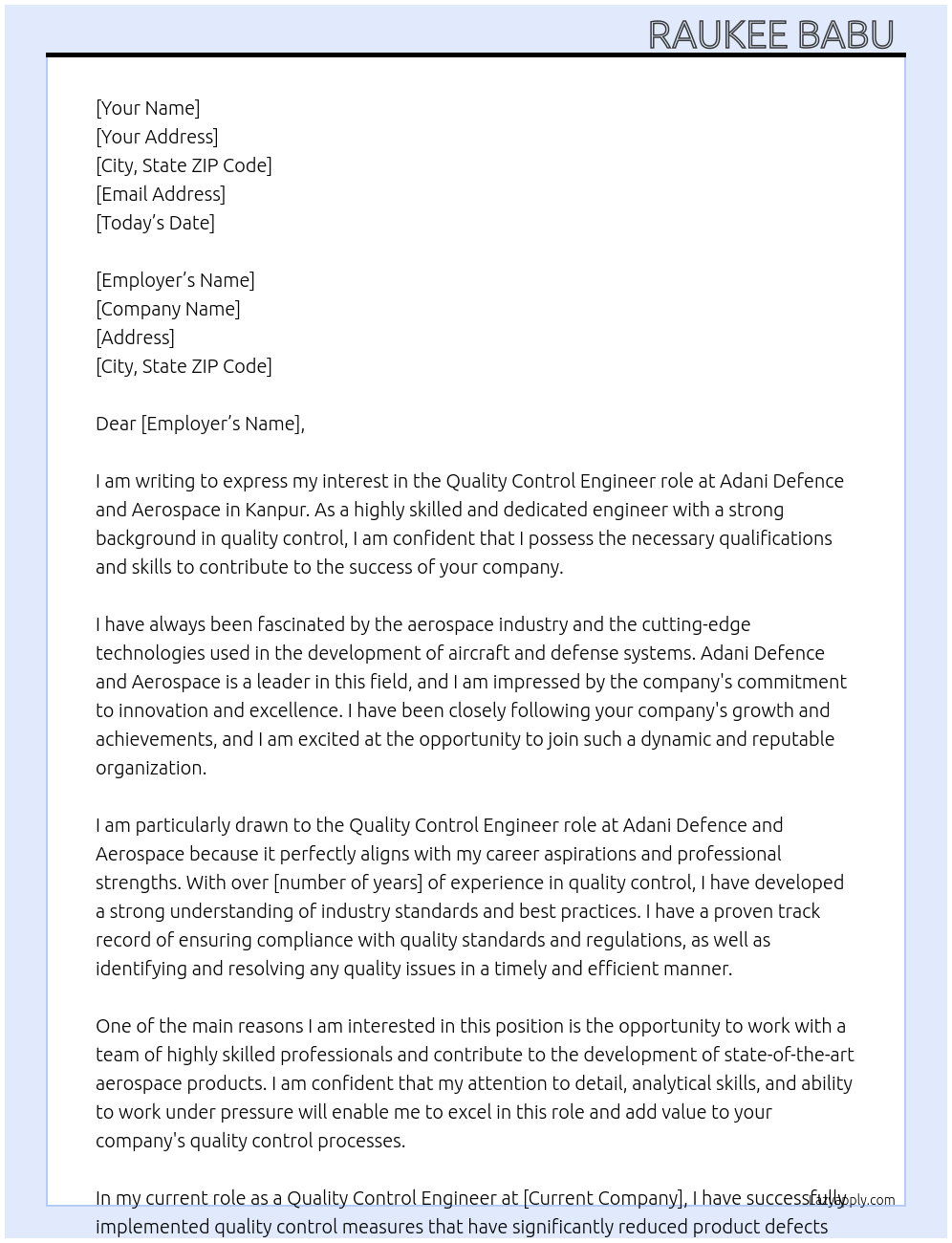 Quality control At Adani Defence and Aerospace Cover Letter