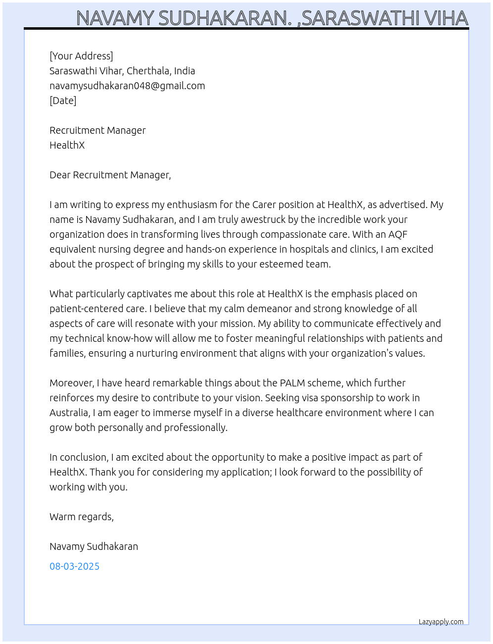 Cover letter for carer - LazyApply