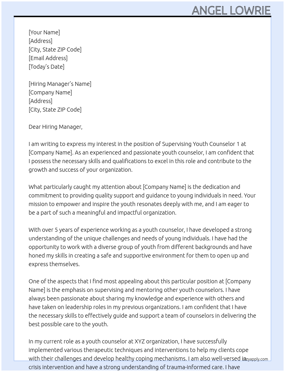 Supervising Youth Counselor 1 At l Cover Letter