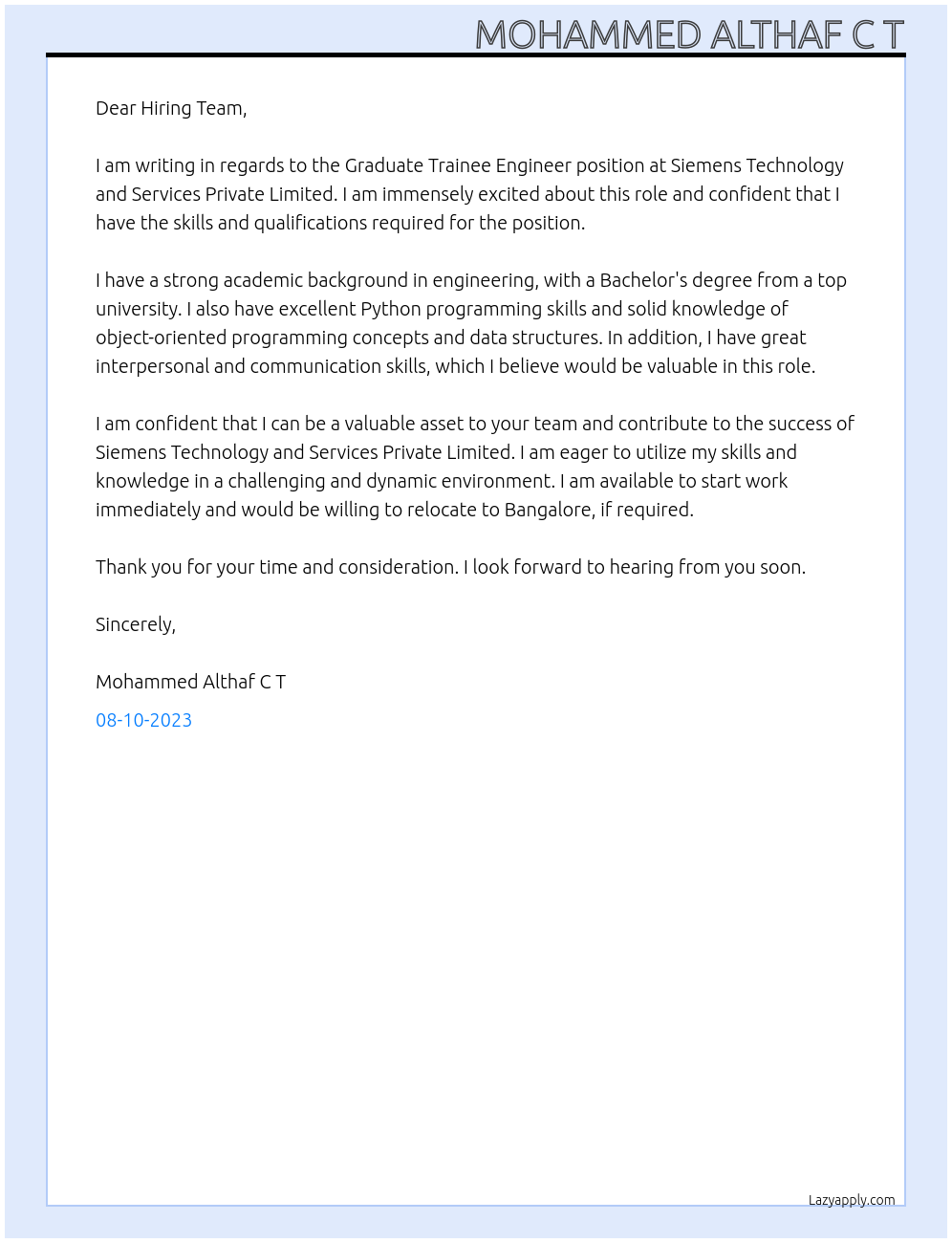 Graduate Trainee Engineer At Siemens Technology and Services private limited Cover Letter