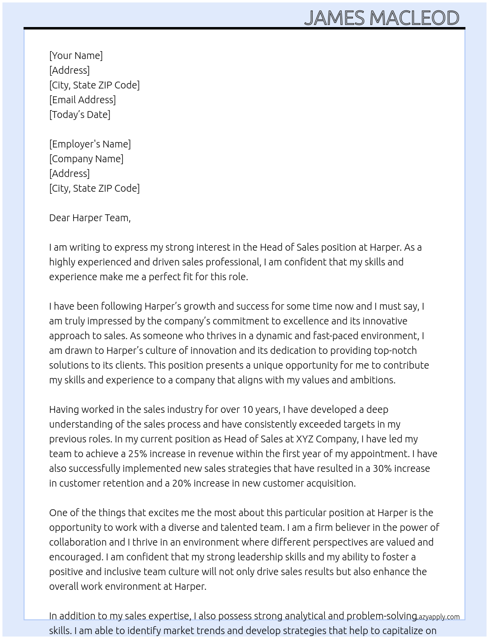 Head of Sales At Harper Cover Letter