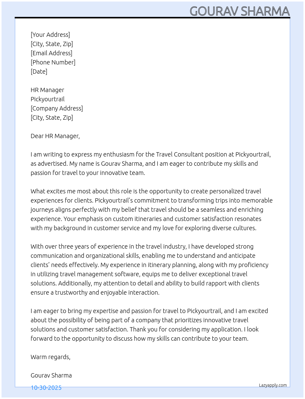 Cover letter for travel consultant - LazyApply