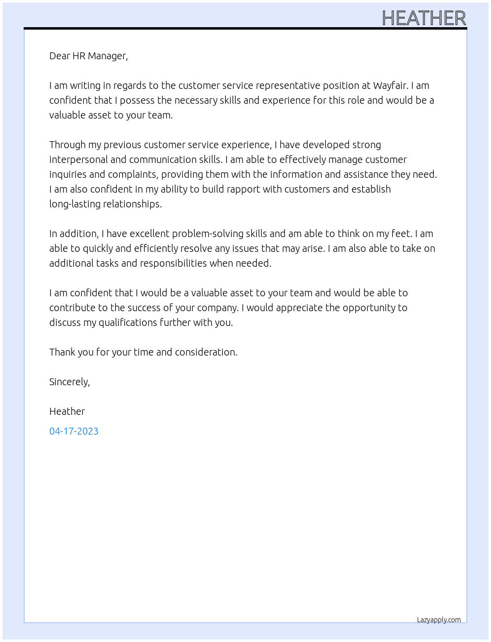 customer service representative At Wayfair Cover Letter