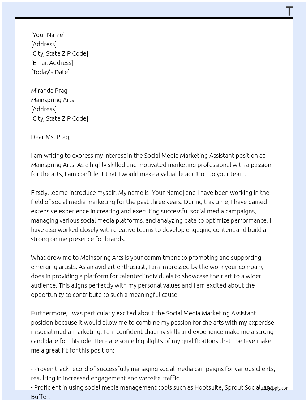 Social Media Marketing Assistant At Mainspring Arts Cover Letter