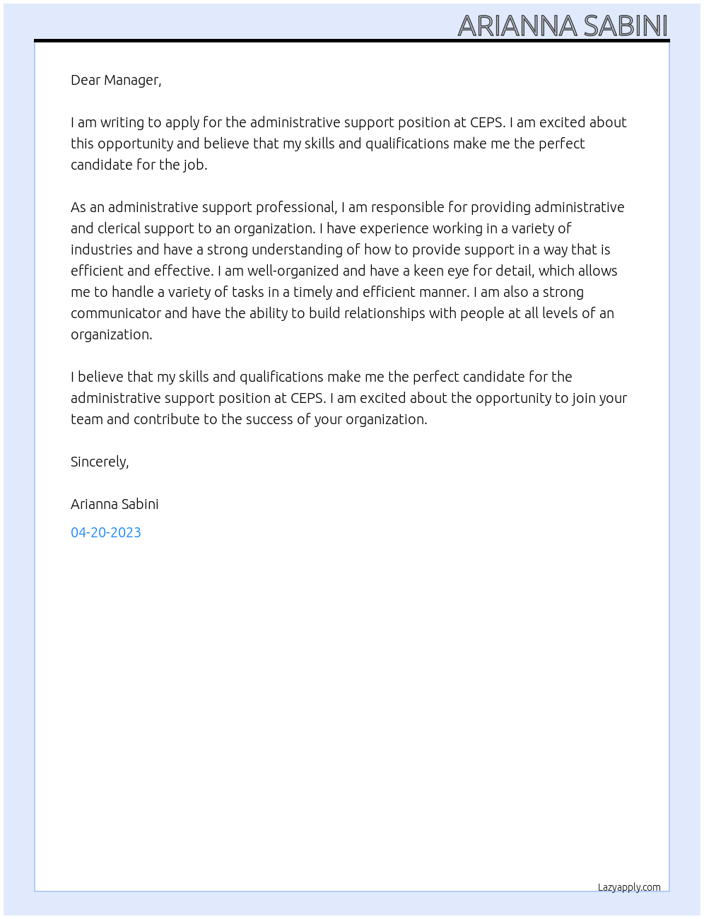 administrative support At CEPS Cover Letter