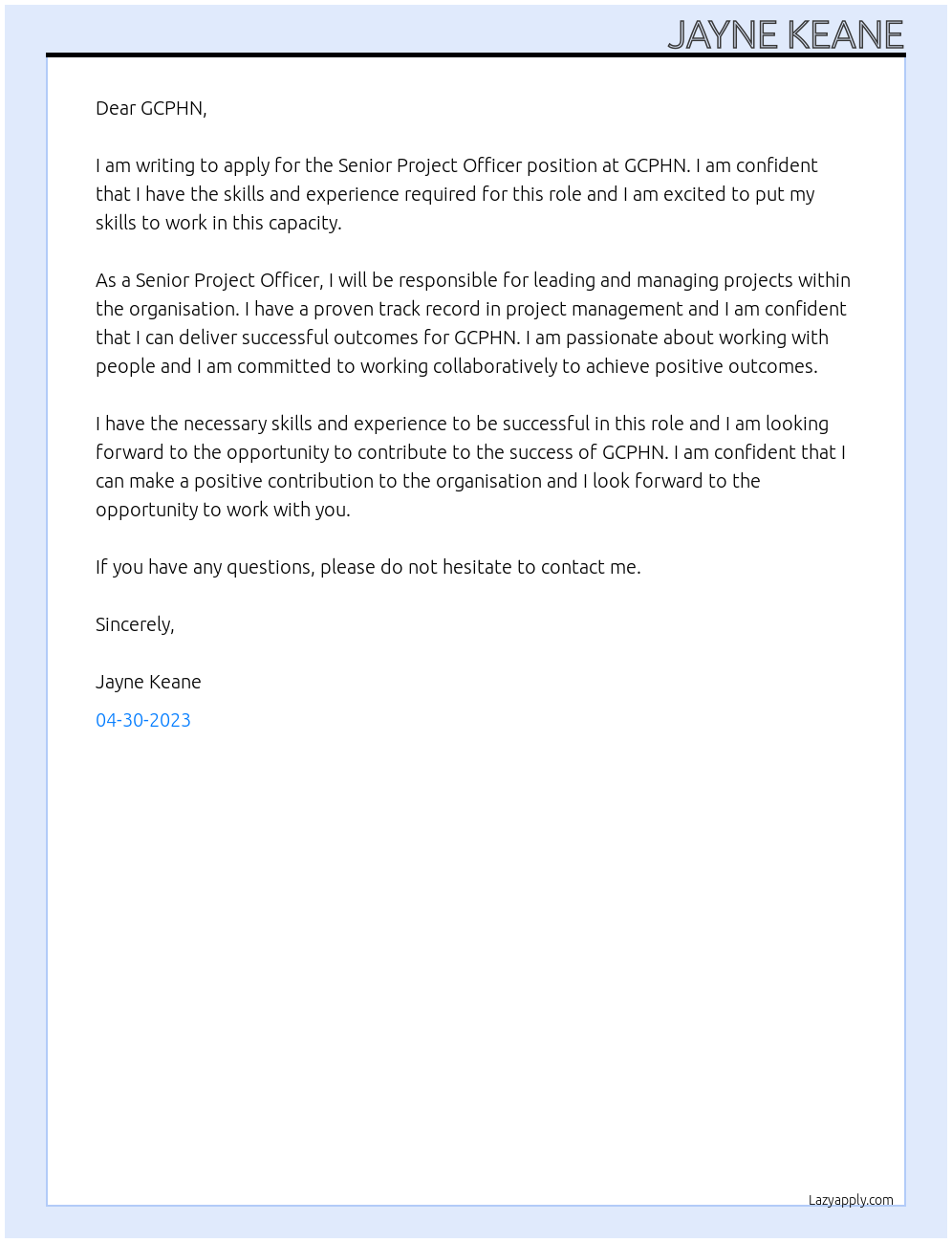 Senior Project Officer At GCPHN Cover Letter