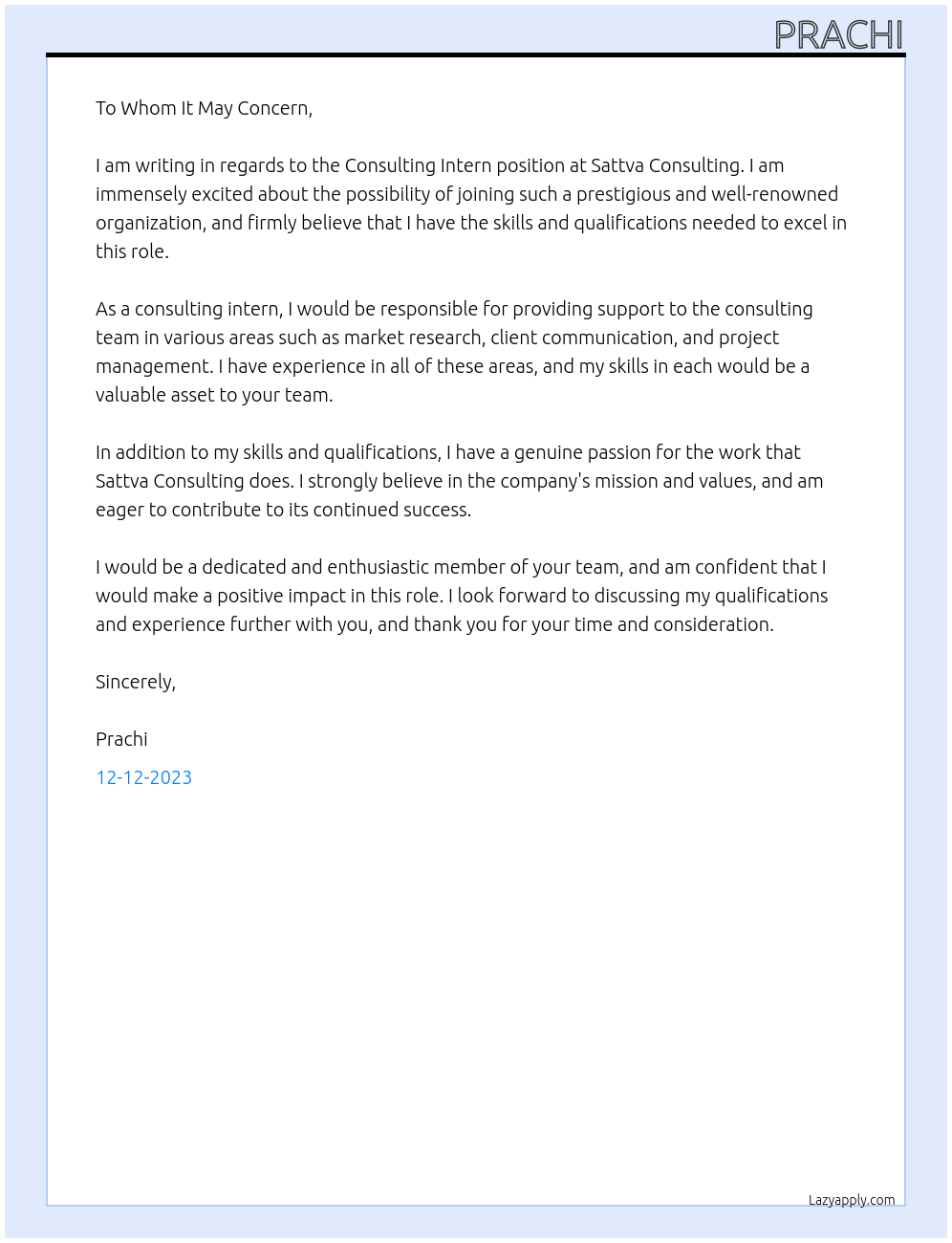Consulting Intern At Sattva Consulting Cover Letter