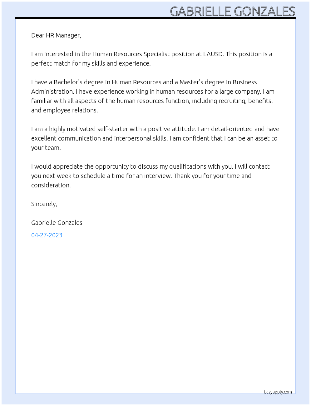 Human Resources Specialist At LAUSD Cover Letter