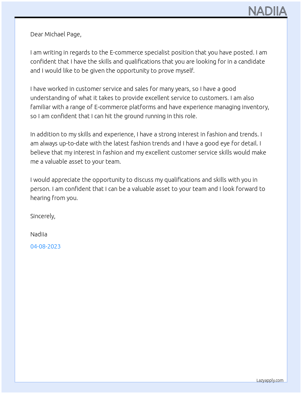 E-commerce specialist At Michael Page Cover Letter