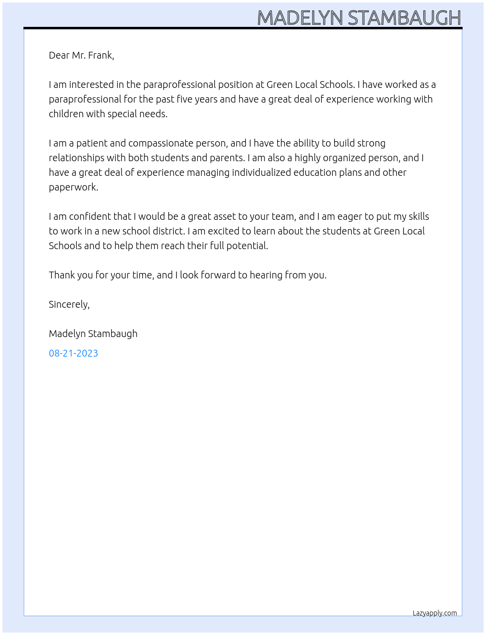 Paraprofessional At Green Local Schools Cover Letter