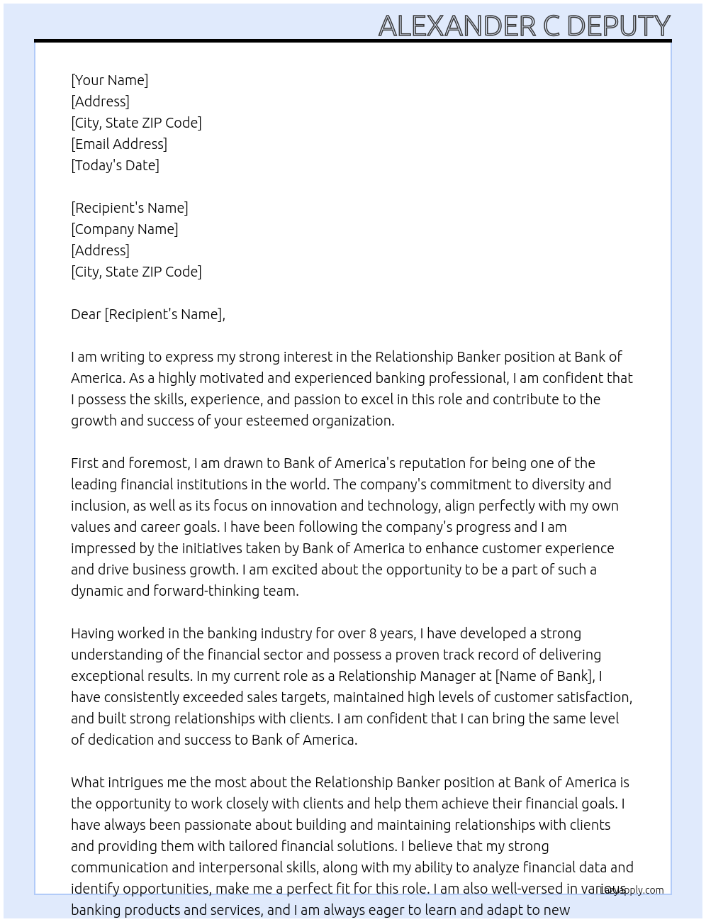 Relationship Banker At Bank of America Cover Letter