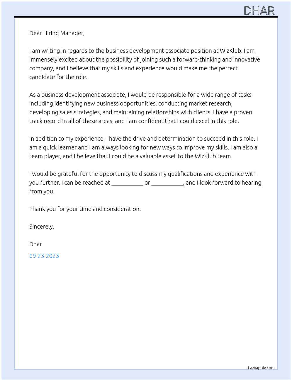 Business development associate At WizKlub Cover Letter