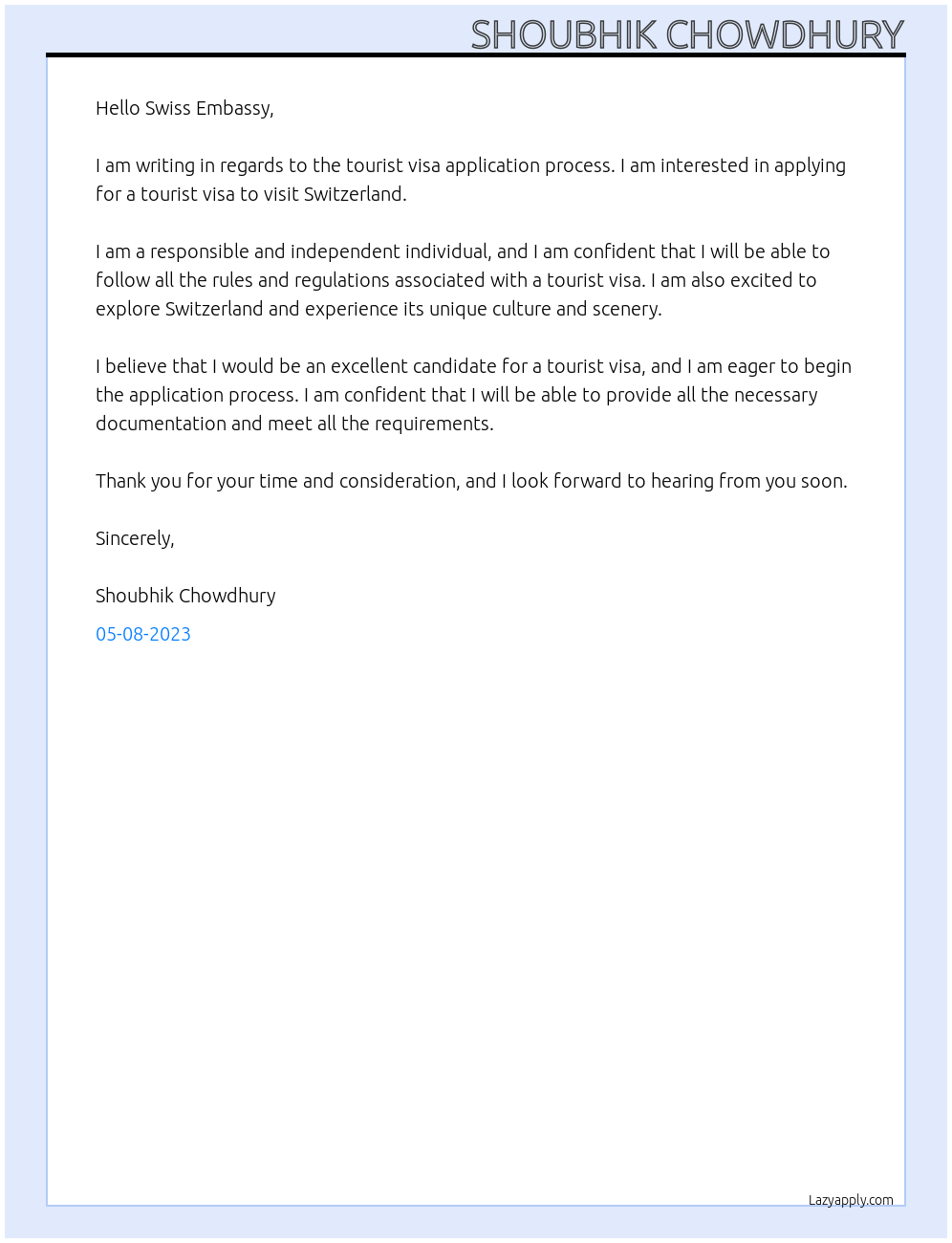 unemployed At tourist visa Cover Letter