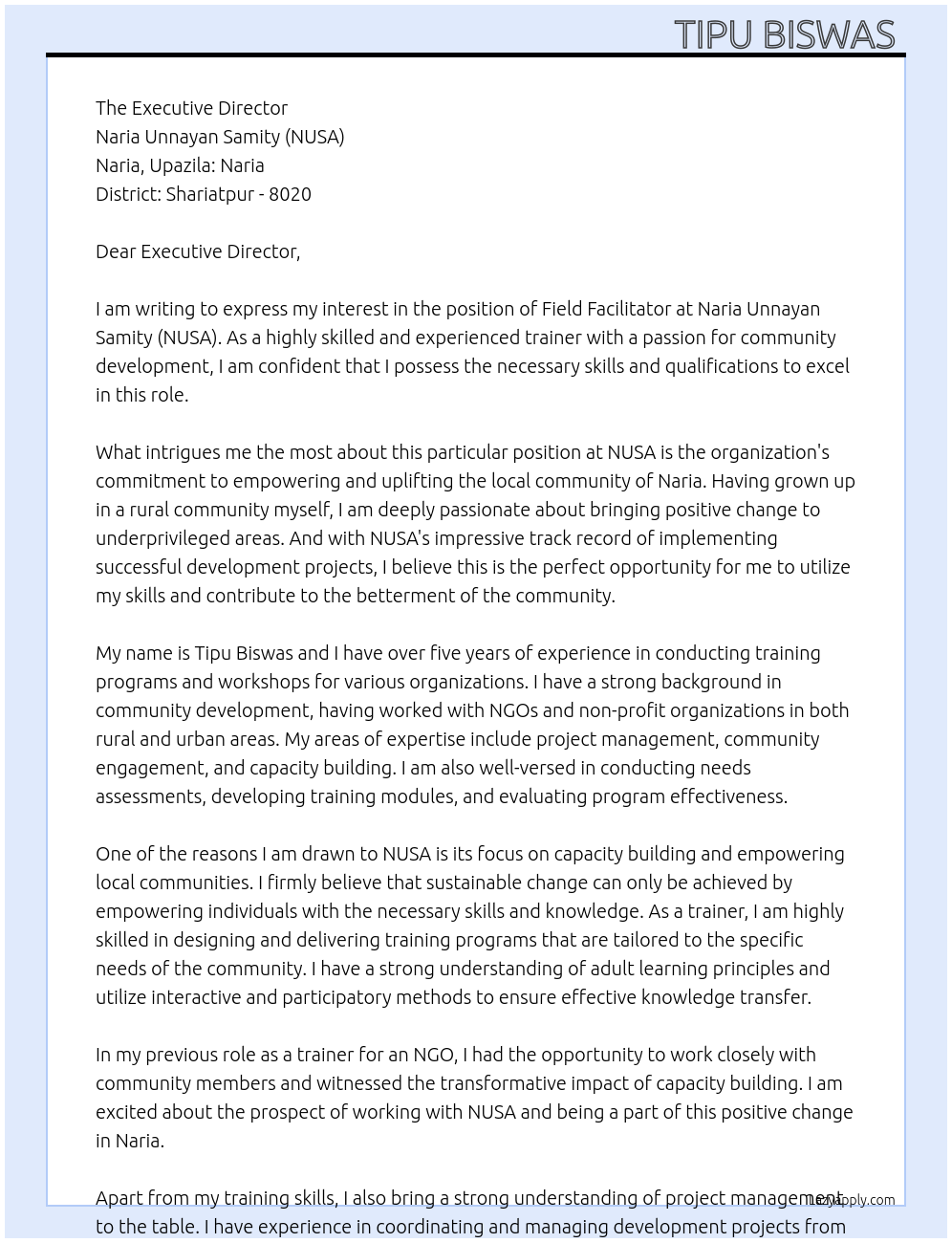 Field Facilitator At Naria Unnayan Samity (NUSA) Naria, Upazila: Naria, District: Shariatpur - 8020 Cover Letter