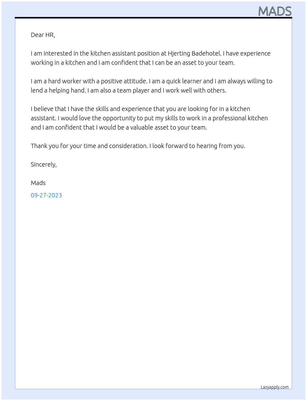 kitchen assistant At Hjerting Badehotel Cover Letter