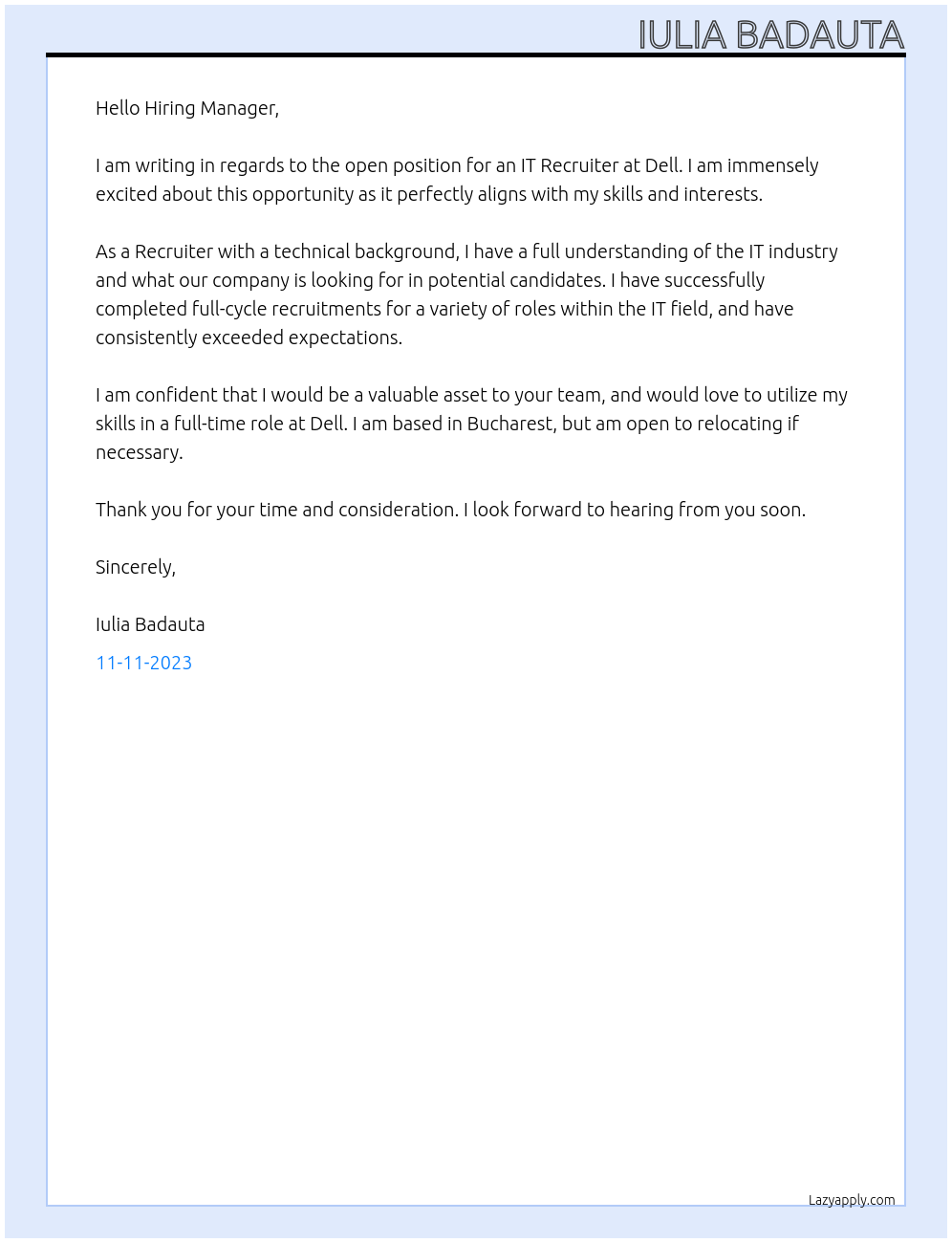 it recruiter At Dell Cover Letter