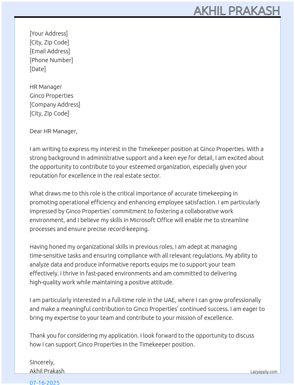 Timekeeper At Ginco Properties  Cover Letter