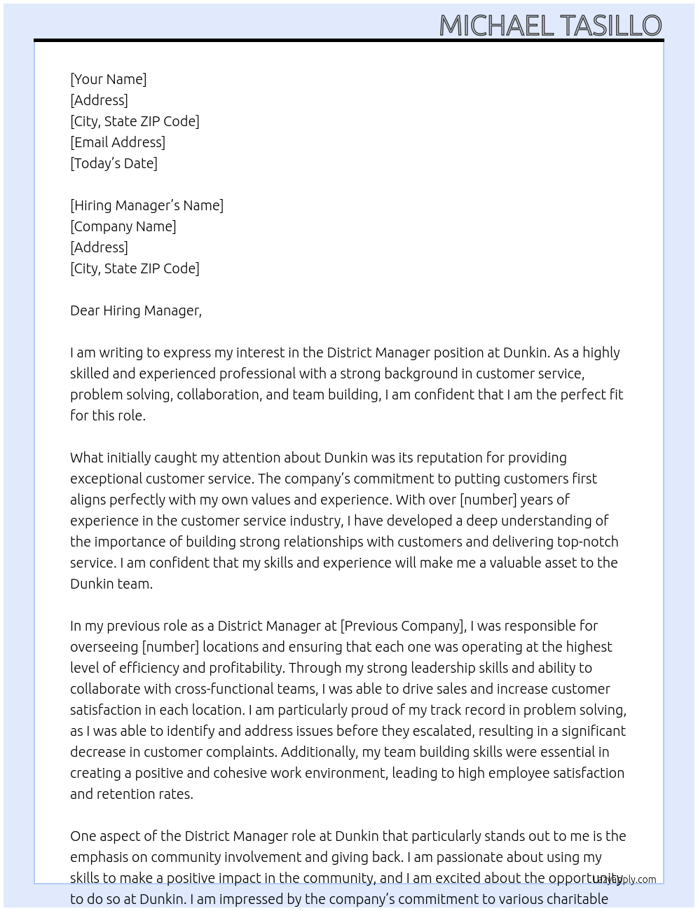 District Manager At Dunkin Cover Letter