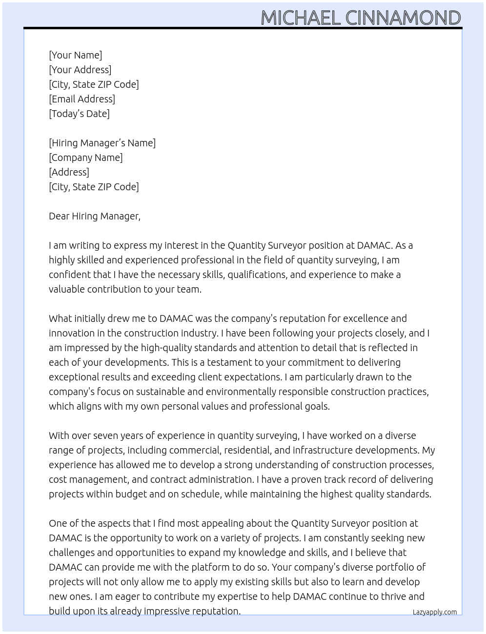 Quantity Surveyor At DAMAC Cover Letter