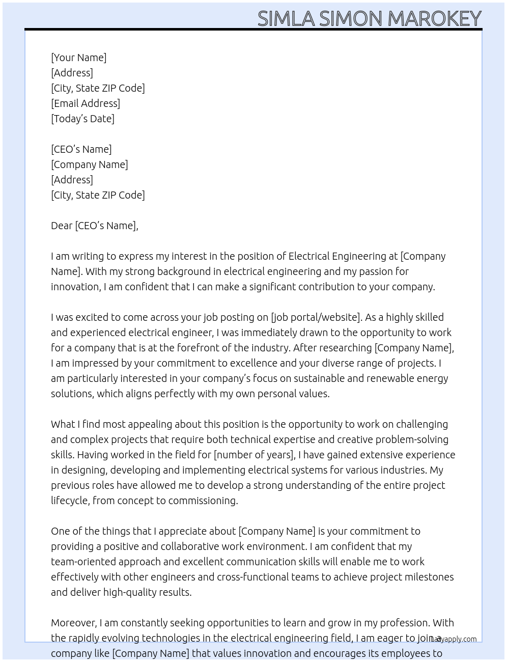ELECTRICAL ENGINEERING At ELECTRICAL Cover Letter