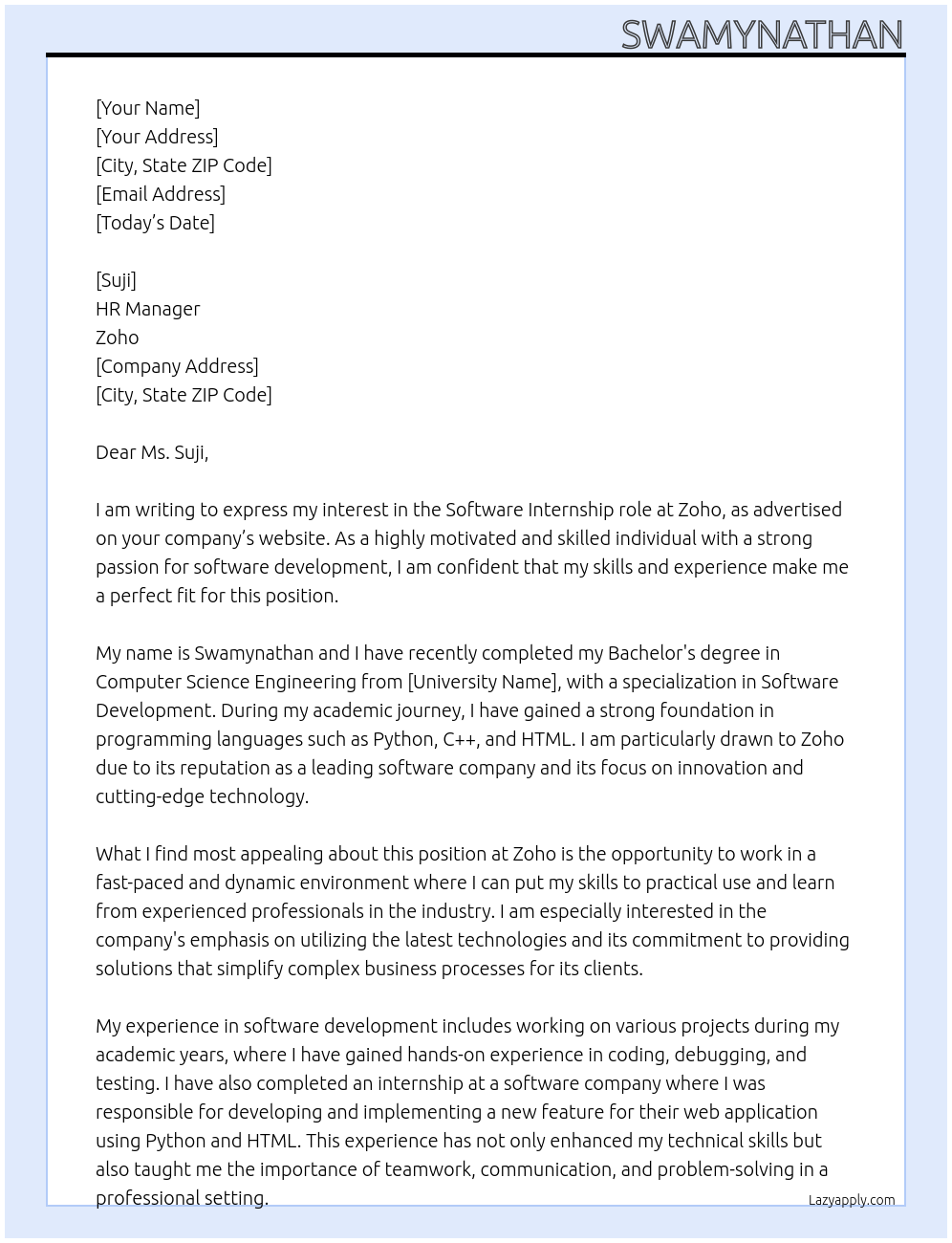 Software At Zoho Cover Letter