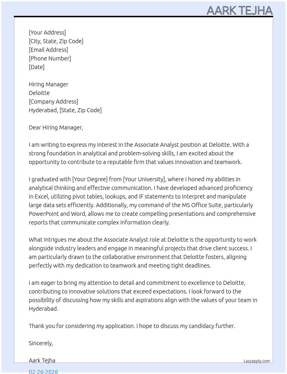 Associate Analyst At Deloitte Cover Letter