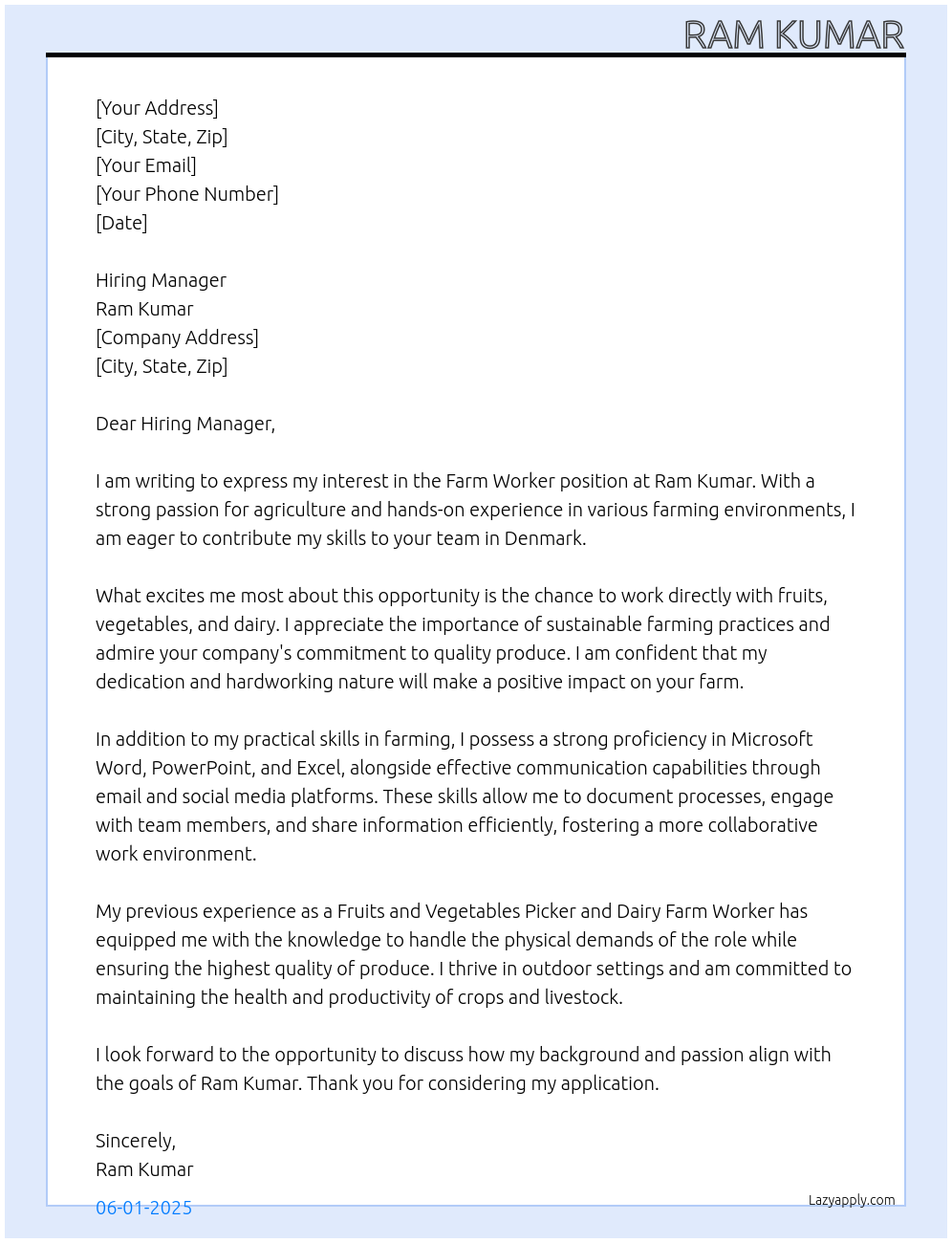 Farm Worker At Ram Kumar Cover Letter
