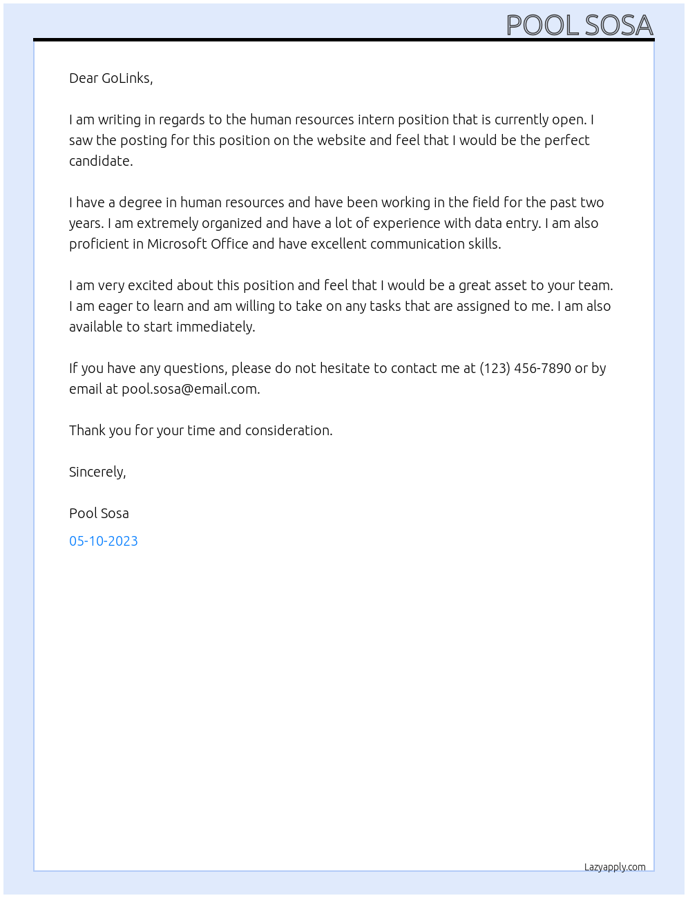 Human Resources Intern At GoLinks Cover Letter