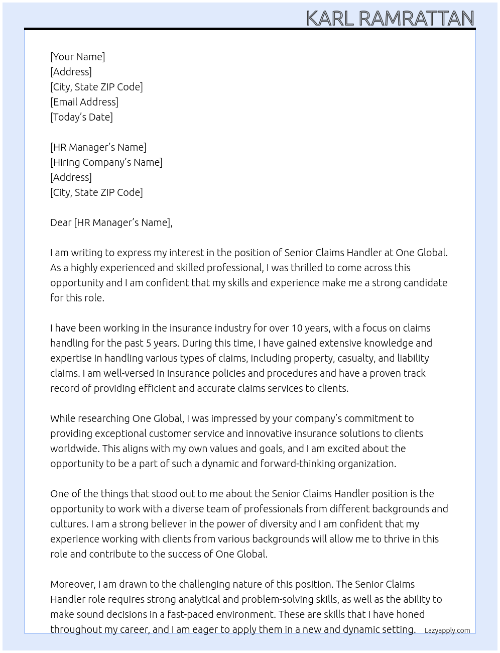 Cover letter for senior claims handler - LazyApply