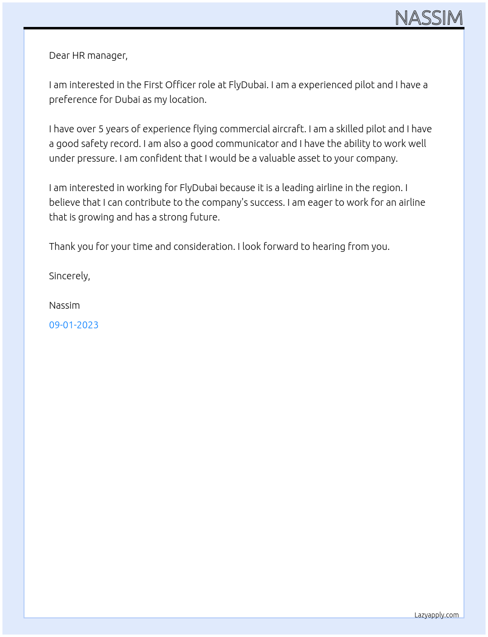 Pilot At FlyDubai Cover Letter