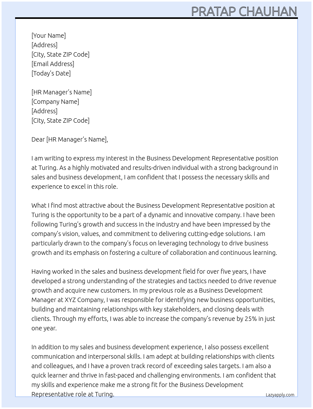 Business Development Representative At Turing Cover Letter