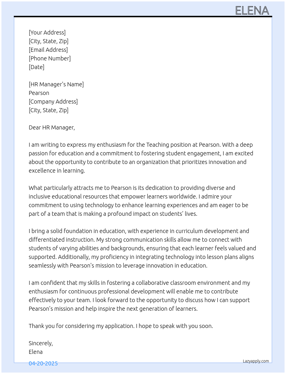 Teaching At Pearson Cover Letter