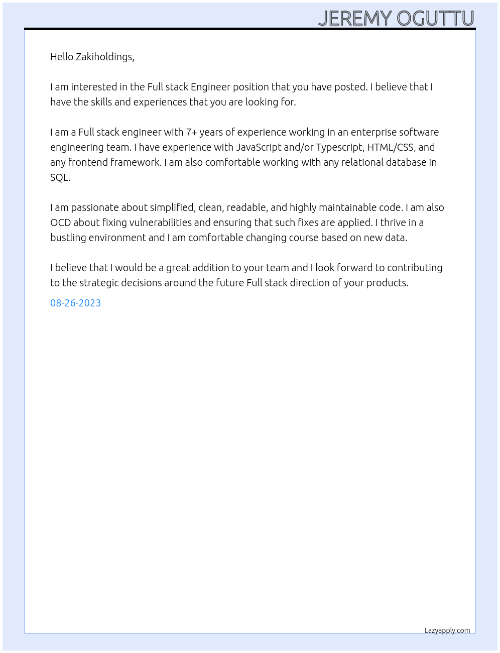 full stack engineer At zakiholdings Cover Letter