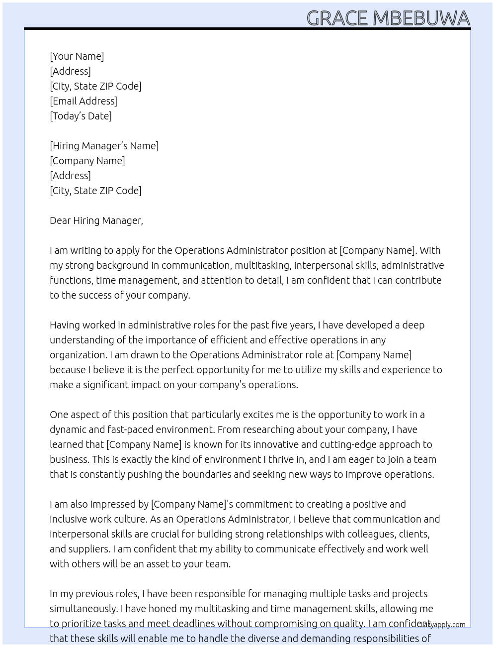 Operations Administrator  At NA Cover Letter