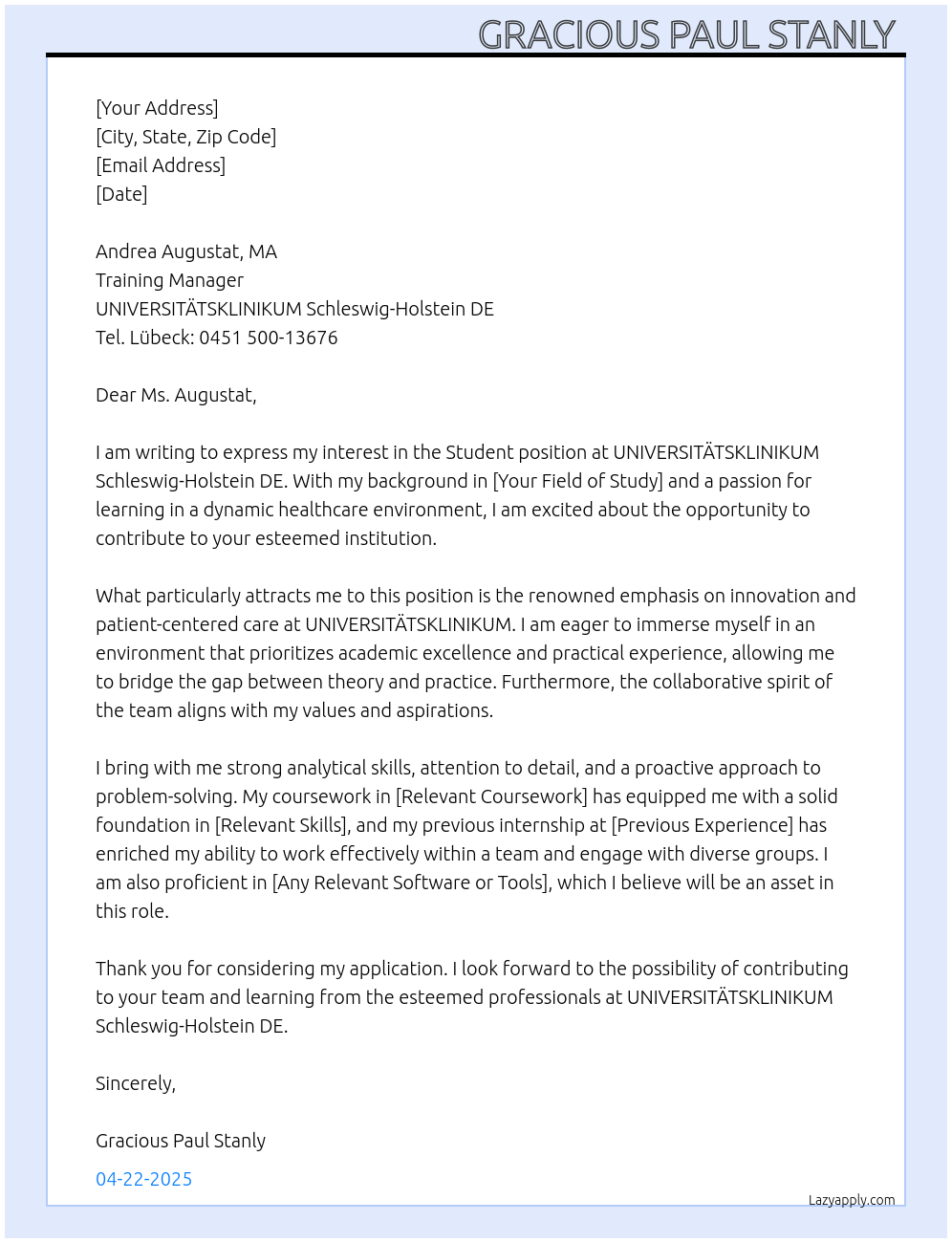 Student At UNIVERSITÄTSKLINIKUM Schleswig-Holstein DE Cover Letter