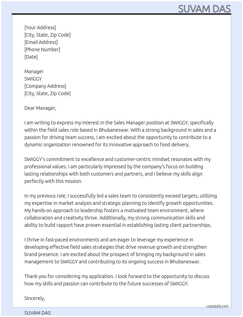 Sales manager At SWIGGY Cover Letter