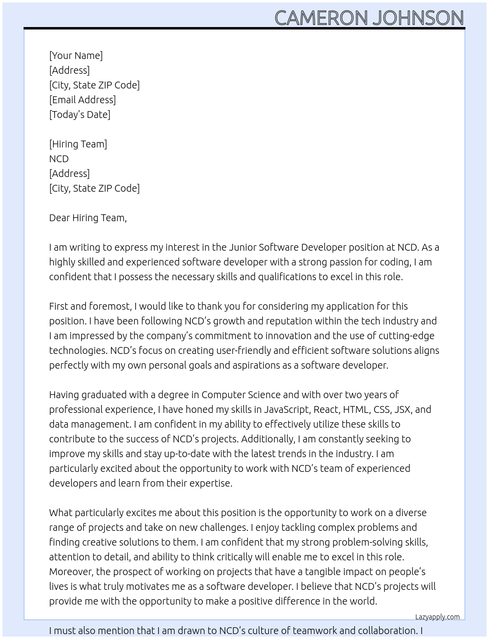 Junior Software Developer At NCD Cover Letter