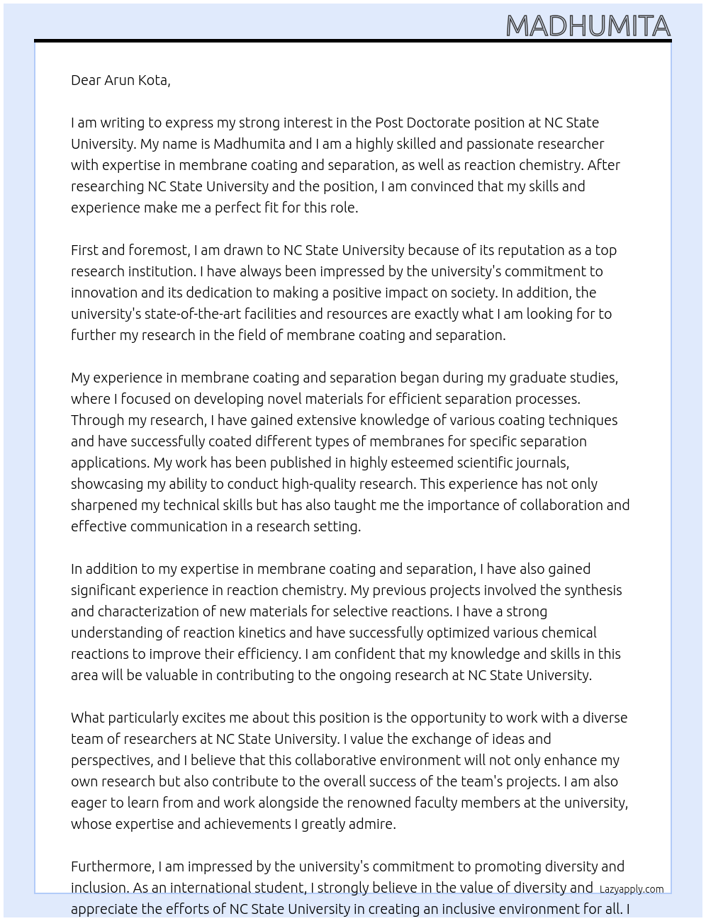Post doctorate At NC State University Cover Letter