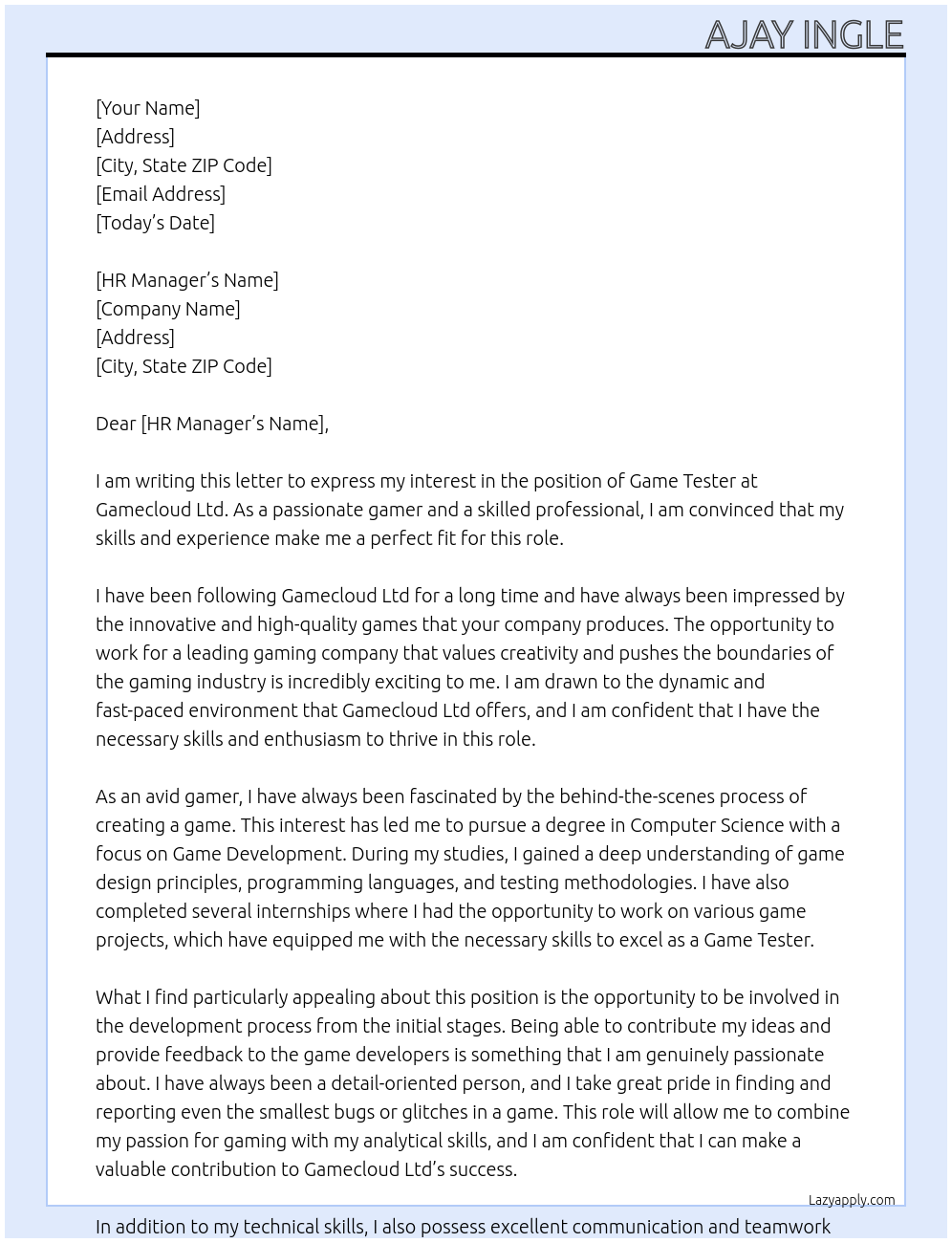 Game Tester At Gamecloud ltd Cover Letter