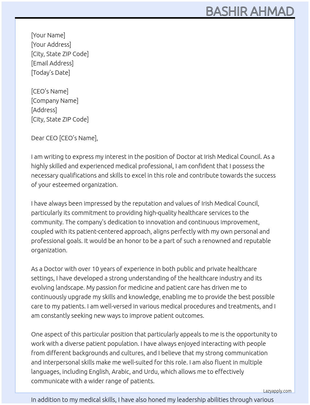 Doctor At Irish Medical Council Cover Letter
