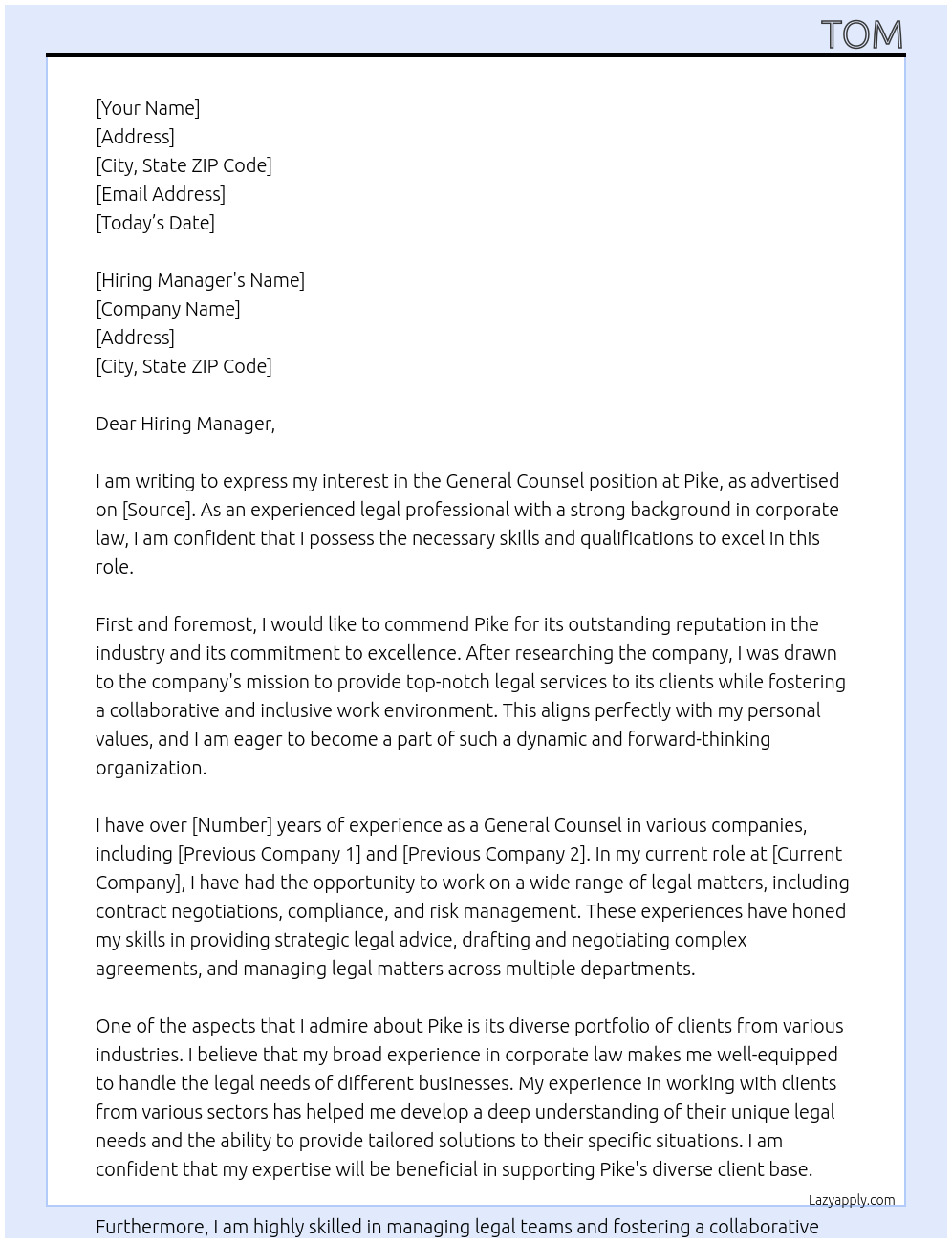 General Counsel At Pike Cover Letter