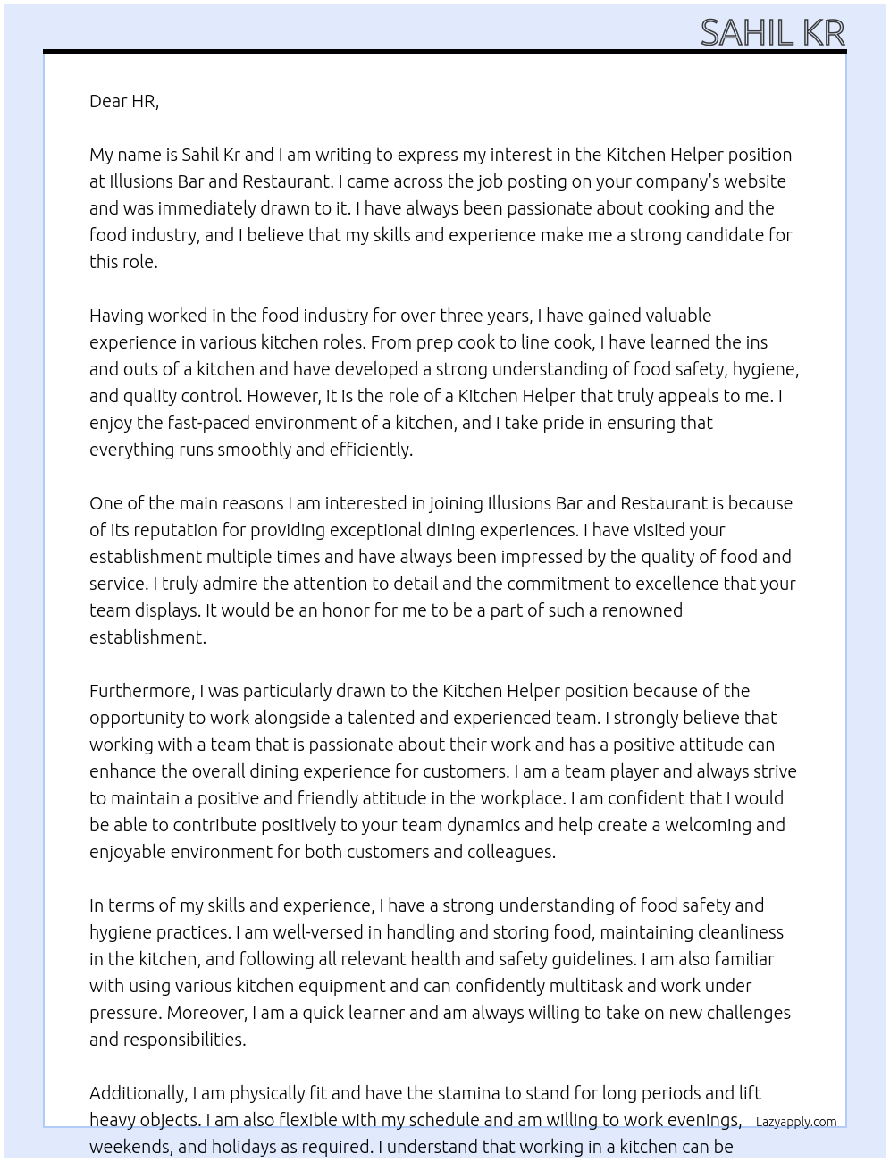 Kitchen helper At Illusions Bar and Restaurant  Cover Letter