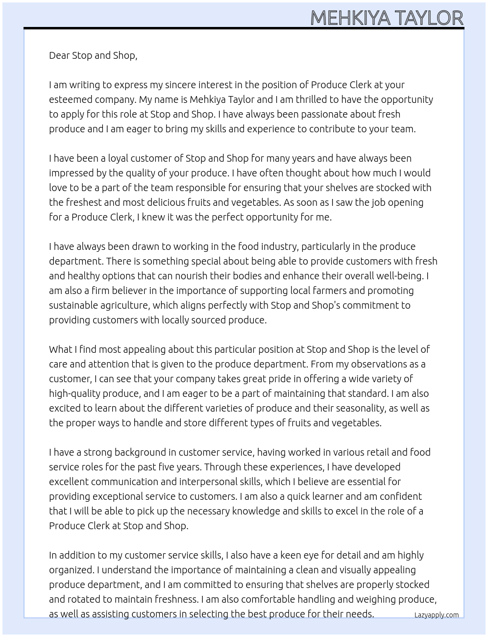 Produce Clerk At Stop and Shop Cover Letter