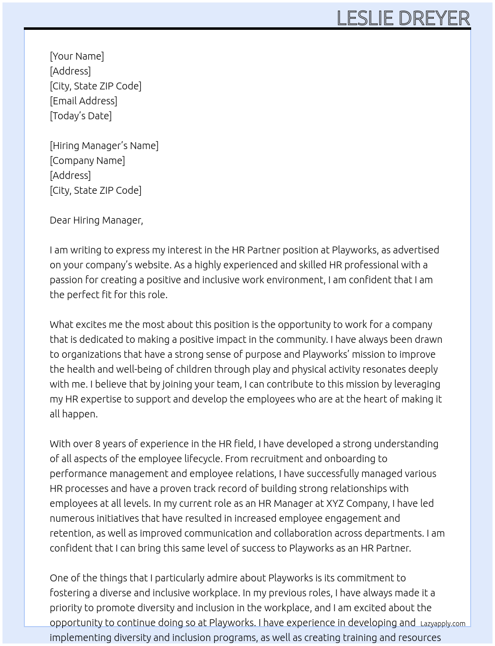 HR Partner At Playworks Cover Letter