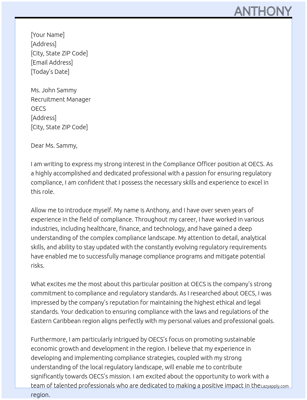 COMPLIANCE OFFICER At OECS Cover Letter