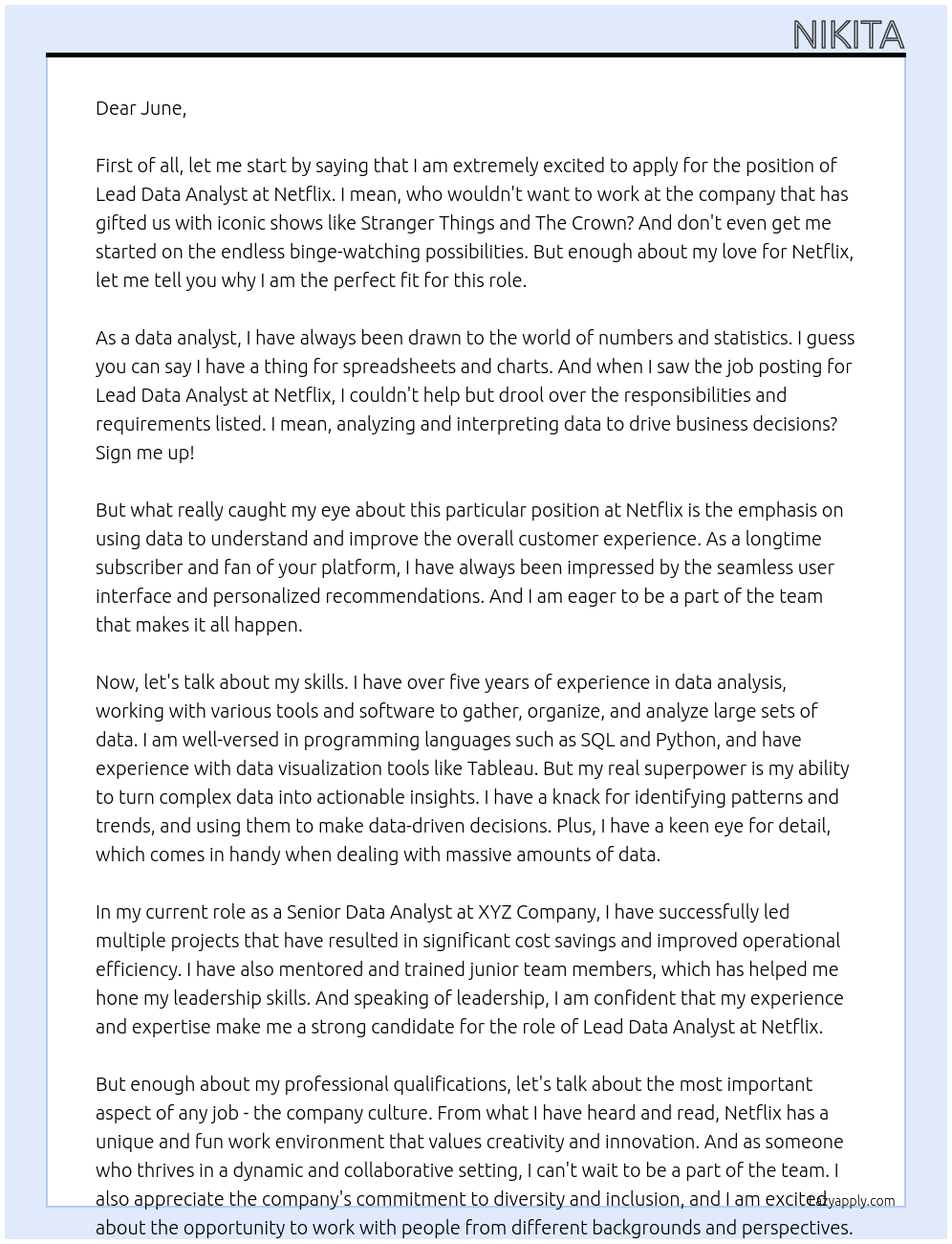 Lead data analyst At Netflix Cover Letter