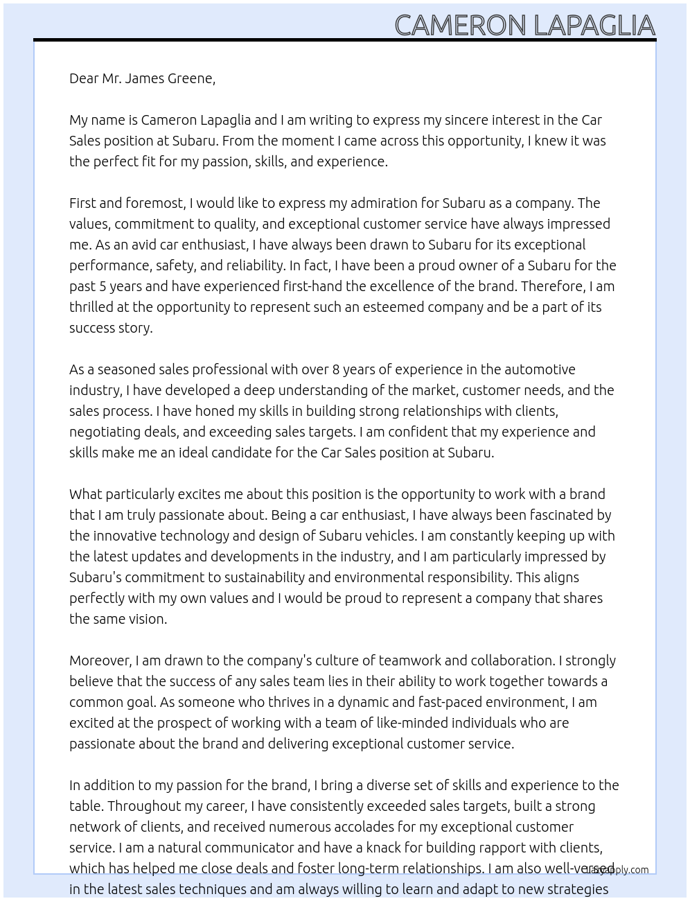 Car sales At Subaru Cover Letter