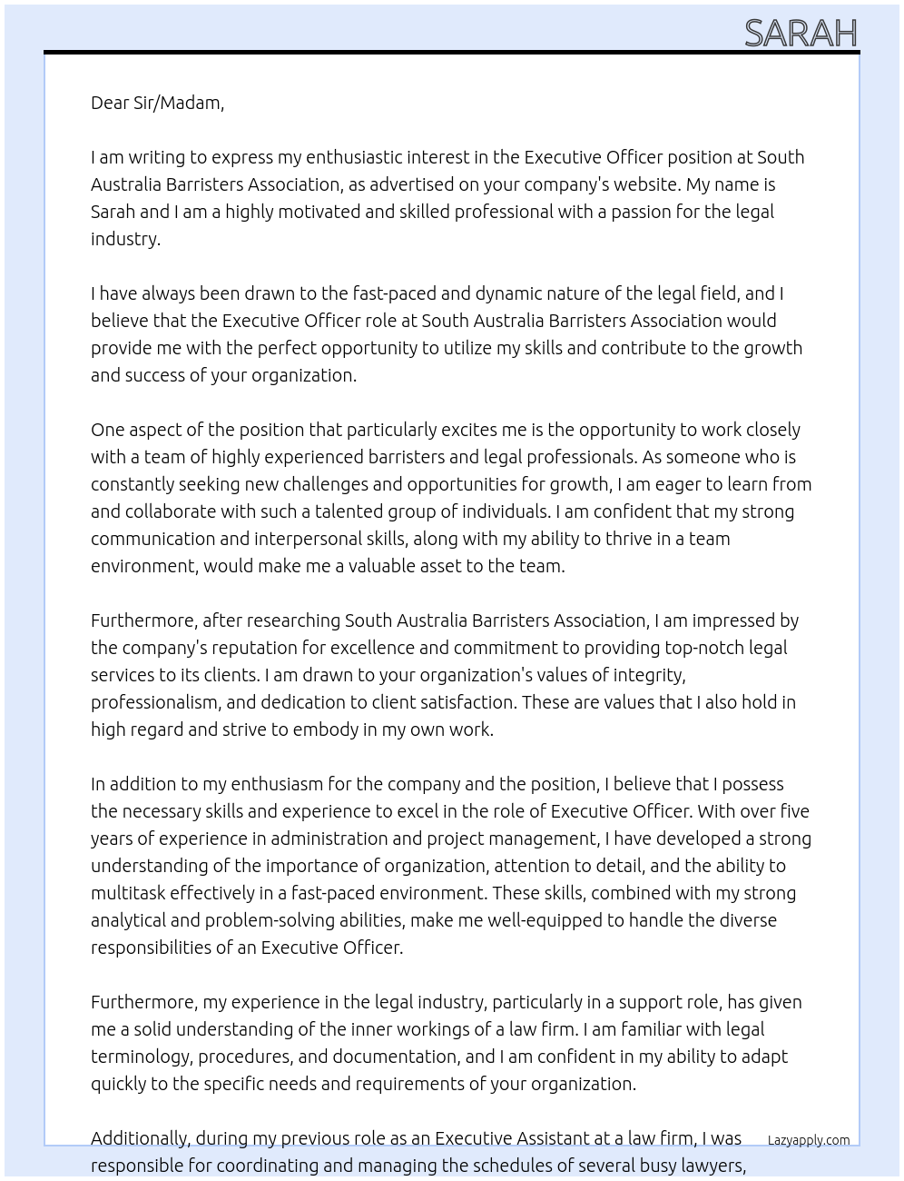 Executive Officer At South Australia Barristers Association Cover Letter